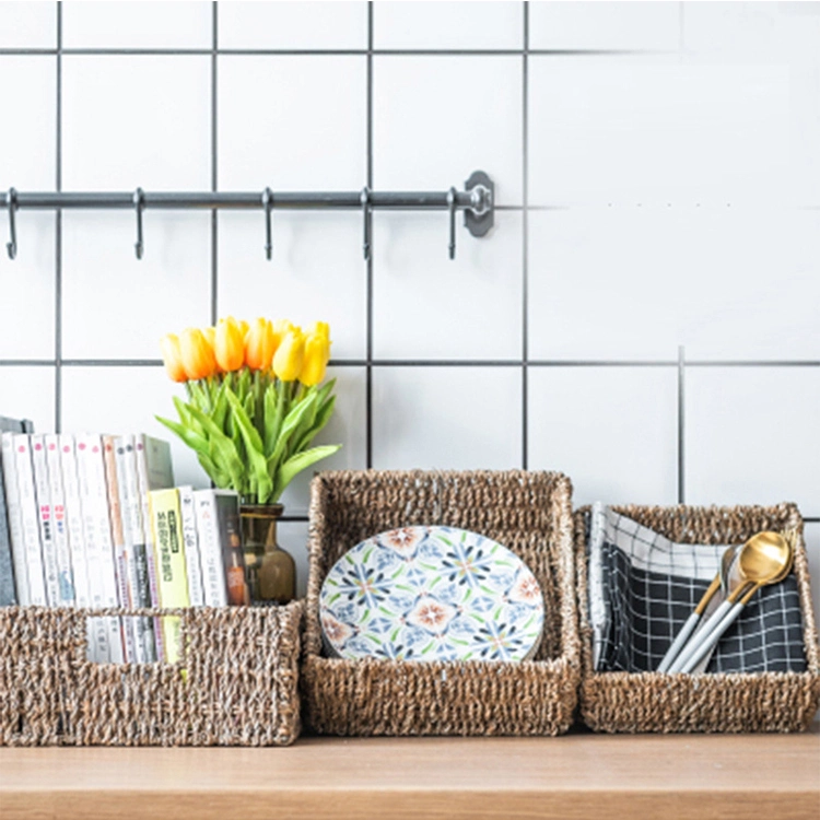 Grass Woven Wood Handle Handmade Straw Woven Desktop Storage Basket Storage Box